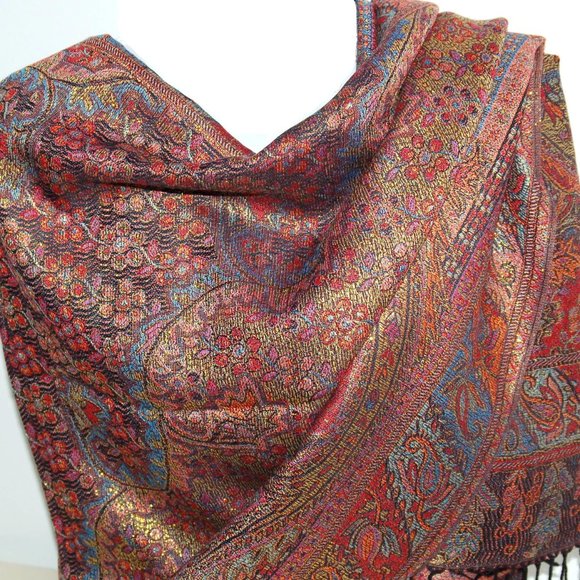 Red Metallic Paisley Pashmina Scarf | Shawl for Women Red Golden Sparkling Scarf - Picture 2 of 5
